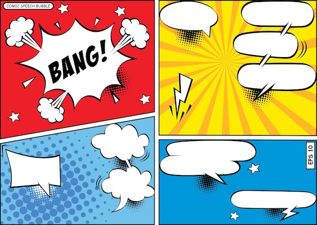 Mockup der comic-buchseite mit platz für text speech bubbels symbols sound effects