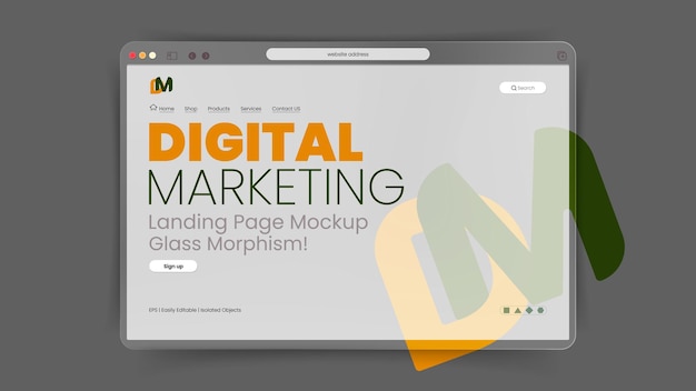 Vektor mockup der zielseite einer digitalen marketing-website mit durchsichtigem glasmorphismus auf dunkelgrauem hintergrund