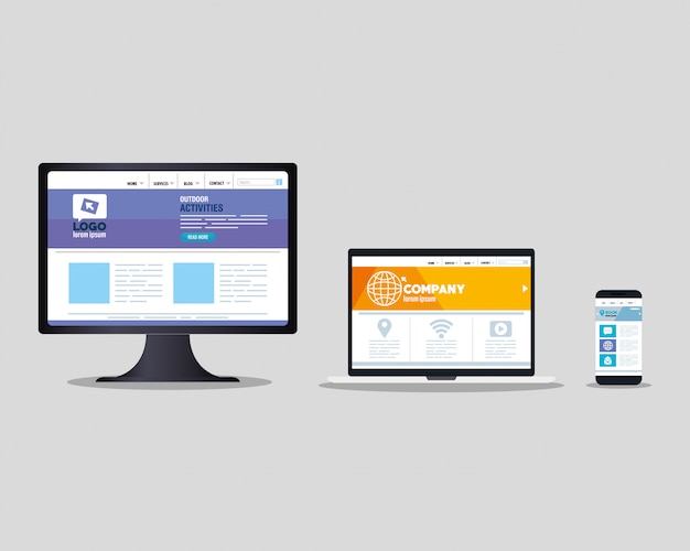 Mockup Responsive Web, Konzept-Website-Entwicklung in Computer, Laptop und Smartphone