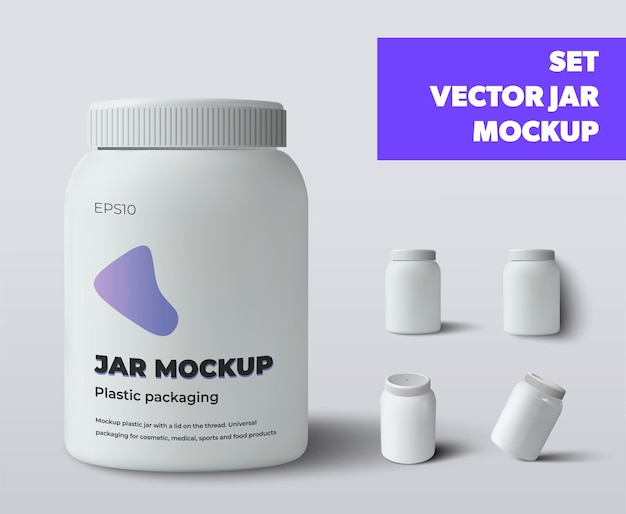 Mockup-Vektor-Plastikglas mit Deckel auf Hintergrund mit realistischen Schatten isoliert. Weiße Flaschenvorlage für Nahrungsergänzungsmittel oder Vitamine, für die Designpräsentation. Verpackungssatz für die Werbung in der Medizin