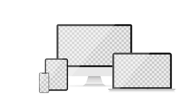 Mockup von realistischen Geräten Transparenter Bildschirm Bildschirm von Computer-Laptop-Tablet und Smartphone Vektor-Illustration