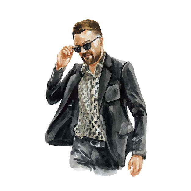 Mode-Aquarellillustration des jungen Mannes im stilvollen trendigen Outfit. Hand gezeichnete Skizze des männlichen Hipster-Looks. Urbaner Streetstyle.