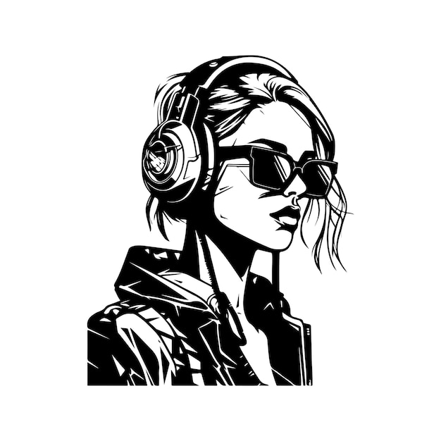 Mode-Cyberpunk-Mädchen-Vintage-Logo-Linie-Kunstkonzept, schwarz-weiße, handgezeichnete Illustration