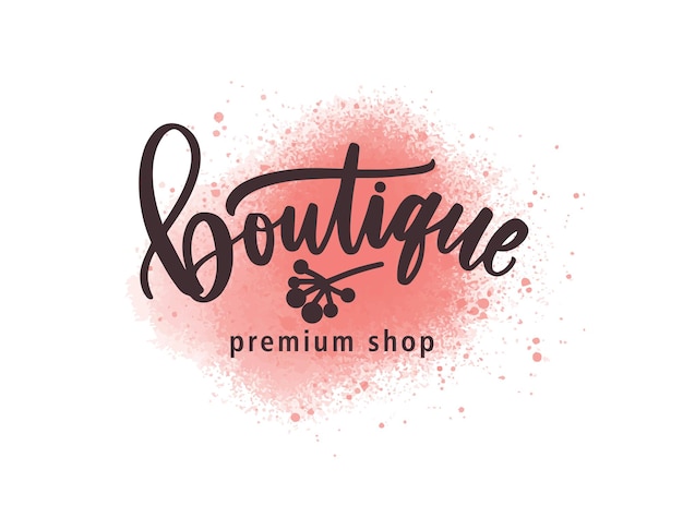 Mode-premium-shop-logo-vektor-illustration. luxusbekleidungsgeschäft aquarell logo, etikettendesign. inschrift auf farbe rosa spritzer hintergrund. boutique-schriftzug mit aquarellpinselstrichen.