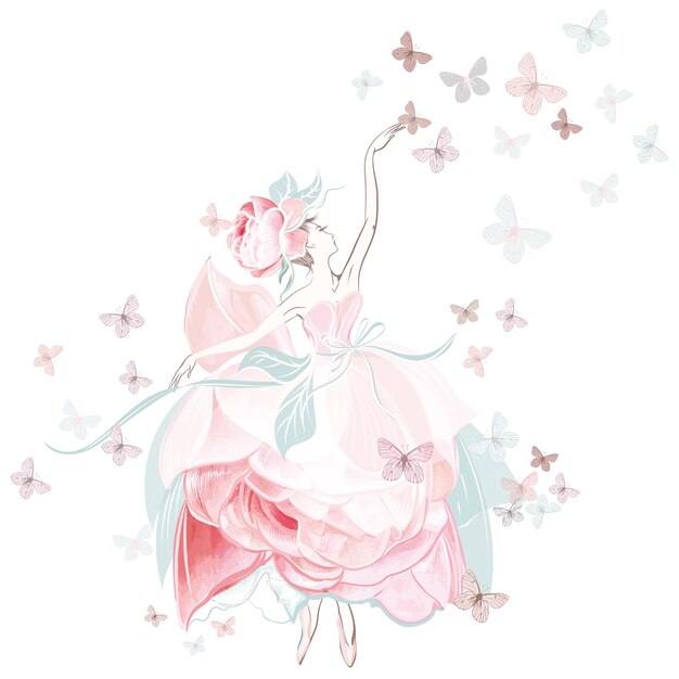 Mode-vektor-illustration mit ballerina-tänzerin in rosa kleid und schmetterlingen