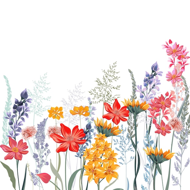 Mode-Vektorblumenillustration mit Garten- und Wiesenblumen