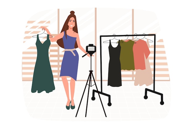 Modebloggerin Ein schönes Mädchen demonstriert Kleidung für einen Stylisten-Blog