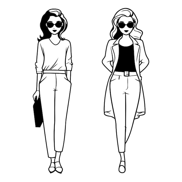Vektor modefrauen mit sonnenbrille und freizeitkleidung cartoon-vektorillustration grafikdesign