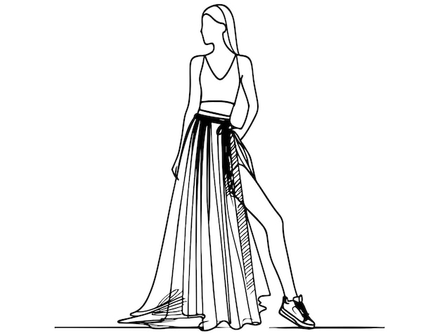 Modeillustration Mädchen in langem Sportrock Skizze