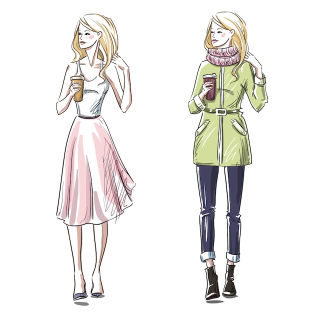 Modeillustration. winter- und sommerlook. streetstyle.