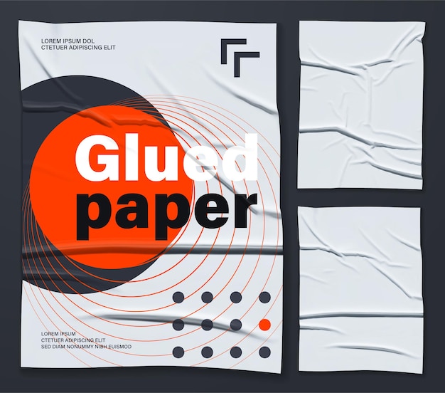 Modell des weißen geklebten faltigen Plakats. Satz von vektorrealistischen zerknitterten nass geklebten Papierplakaten. Coole moderne Poster, die einfach zu bearbeiten und in Ihrer Präsentation zu verwenden sind. Alles ist nach Schichten gruppiert