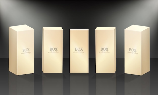 Modell von luxuriösen rechteckigen Papierbehältern für Kosmetik- und Make-up-Produkte. Set aus 3D-Goldboxen