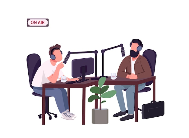 Moderator und gast der radiosendung flache, gesichtslose charaktere. live-interview mit eingeladenem experten. männer, die im aufnahmestudio isolierte karikaturillustration für webgrafikdesign und -animation sprechen