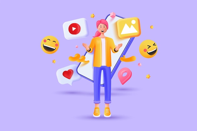 Moderne 3D-Illustration der jungen Frau nutzt Socila Media