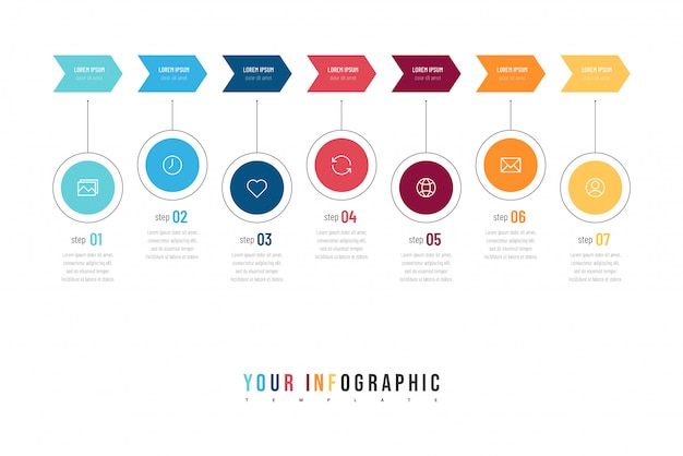 Moderne abstrakte infografik mit sieben schritten oder verarbeitet elemente und symbole. unternehmenskonzept.