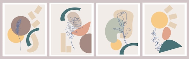 Moderne abstrakte poster mit minimalen geometrischen formen und botanischen blumenelementen