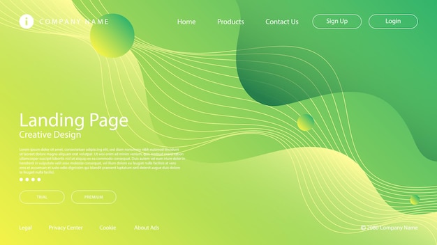 Moderne abstrakte website landing page hintergrund flüssige flüssige wellenlinien und gelbgrüner farbverlauf