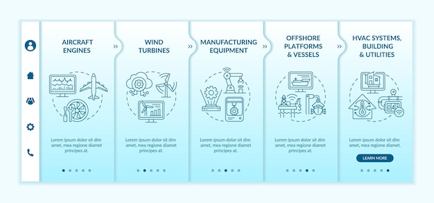 Moderne anwendung nach der onboarding-vektorvorlage der branche. responsive mobile website mit symbolen. webseiten-walkthrough-bildschirme in 5 schritten. farbkonzept für windkraftanlagen mit linearen illustrationen