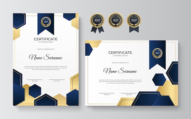 Moderne blaue und goldene zertifikatsvorlage. diplom-zertifikatsrahmen-vorlage mit abzeichen für auszeichnung, geschäft und bildung