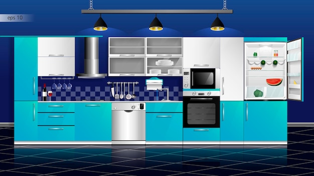 Moderne blaue und weiße Küche Interieur Vector Illustration Haushaltsküchengeräte