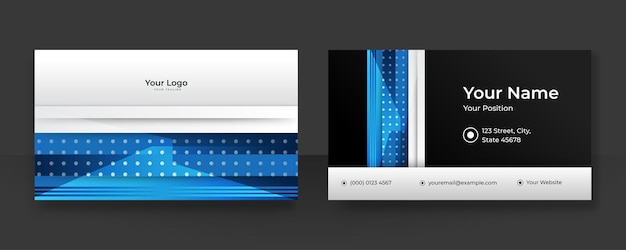 Moderne blaue visitenkarten-design-vorlage. kreativer und sauberer minimalistischer stil. design-vorlage für luxus-visitenkarten. eleganter dunkler hintergrund mit abstrakten wellenlinien glänzend. vektor-illustration