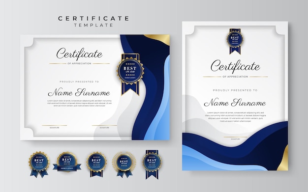 Moderne blaue zertifikatsvorlage und grenze für diplom-ehrenleistungsabschluss und druck