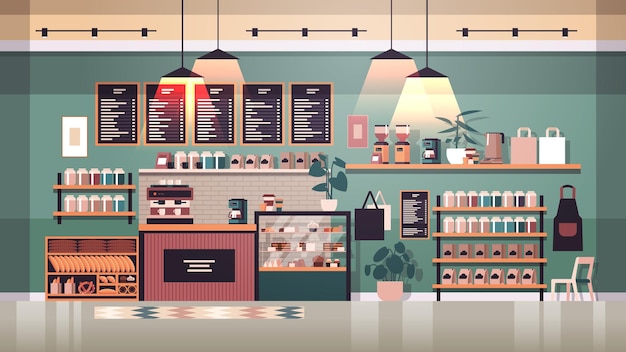 Moderne Café-Innenraum leer keine Leute Restaurant flache horizontale Vektor-Illustration