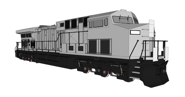 Moderne diesellokomotive mit großer leistung und stärke zum bewegen von langen und schweren eisenbahnzügen. vektorillustration mit umrissstrichlinien.