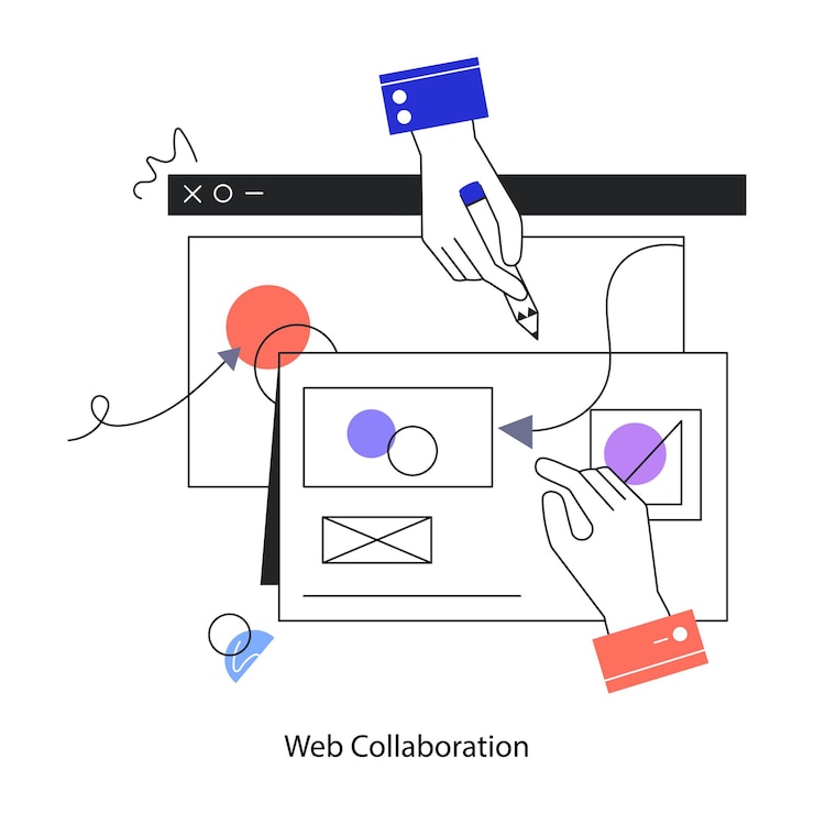 Vektor moderne doodle-mini-illustration der web-zusammenarbeit