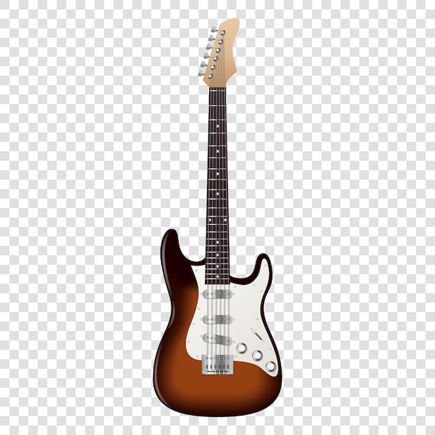 Moderne e-gitarre isoliert auf transparentem hintergrund. klassisches design des realistischen musikinstruments. musik- und hobbykonzept. 3d-vektor-illustration