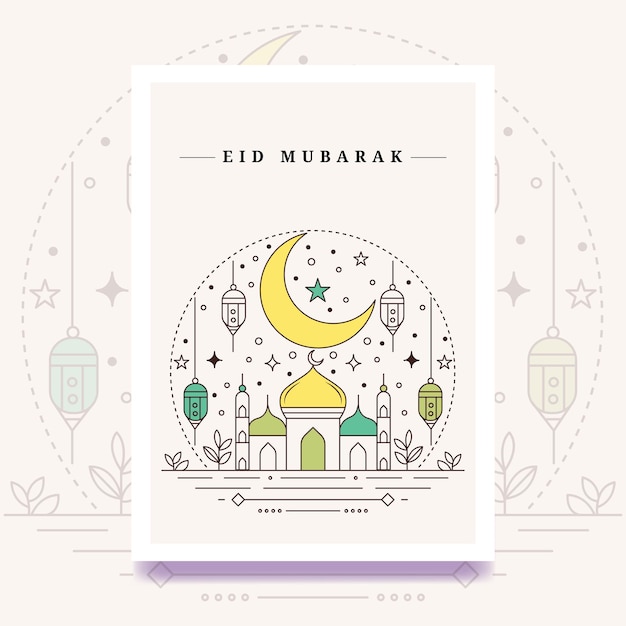 Moderne Eid Mubarak Linienkunst Vorlage Vektor Illustration Moschee Halbmond