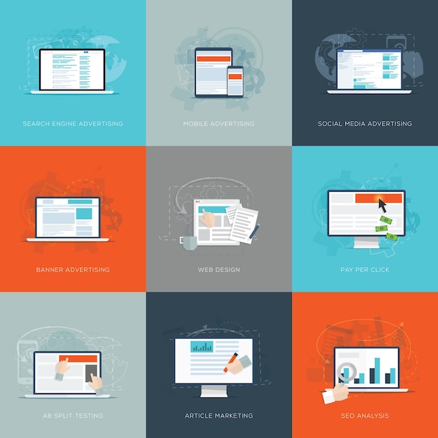 Moderne flache Internet-Marketing-Business-Vektor-Illustrationen gesetzt
