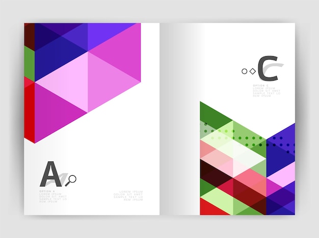 Moderne Geschäftsbroschüre oder Broschüre A4-Cover-Vorlage Abstract-Hintergrund mit farbigen Dreiecken Jahresbericht Druck Hintergrund Vektordesign für Workflow-Layout-Diagramm Nummer-Optionen oder Web-Design