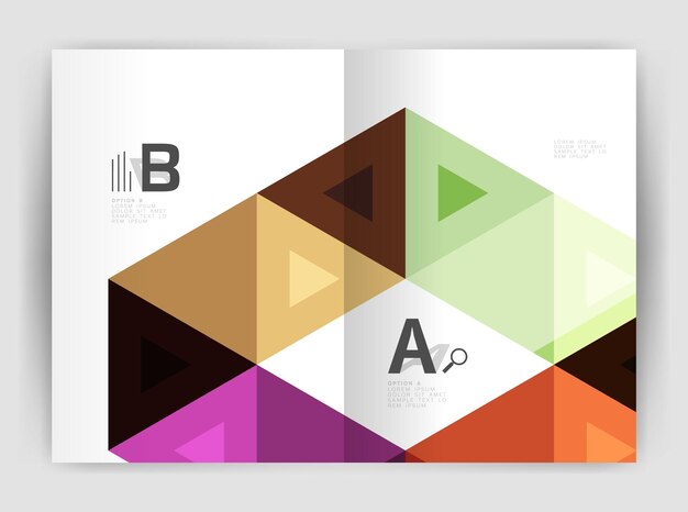 Moderne Geschäftsbroschüren- oder Broschürendruck-Cover-Vorlage Abstrakter Hintergrund mit farbigen Dreiecken Vektordesign für Workflow-Layout-Diagramm-Nummernoptionen oder Webdesign