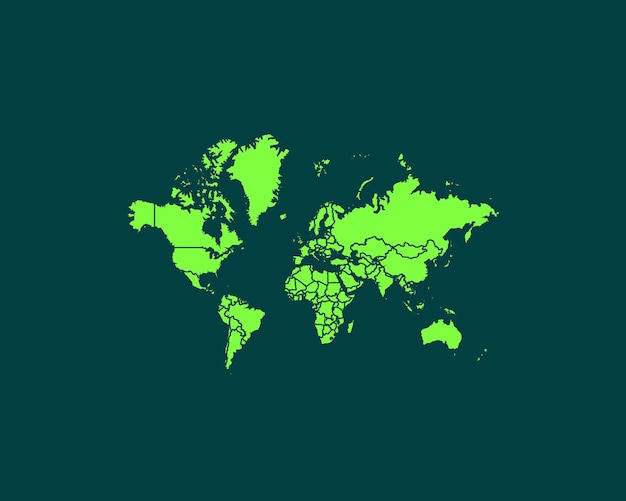 Moderne grüne farbhochdetaillierte grenzkarte der welt lokalisiert auf dunklem hintergrundvektor