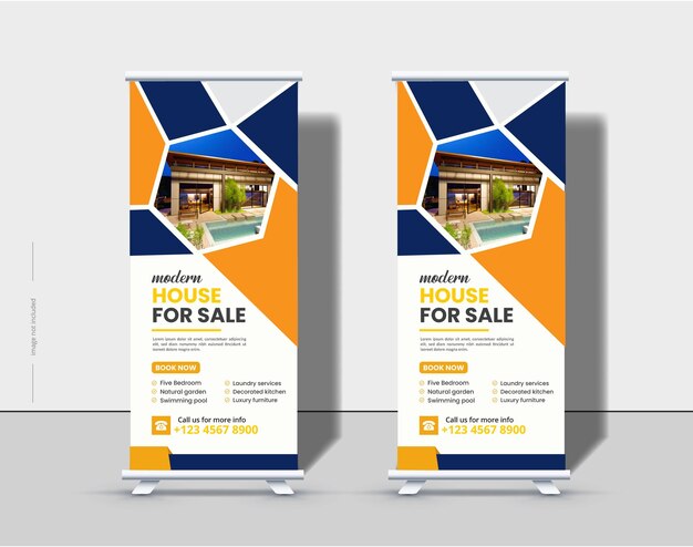 Moderne hausmiete roll-up-banner-vorlage premium-vektor