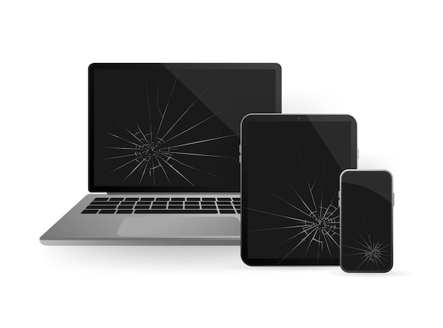 Moderne illustration mit zerbrochenem glas-laptop für konzeptdesign support-service-symbol smartphone