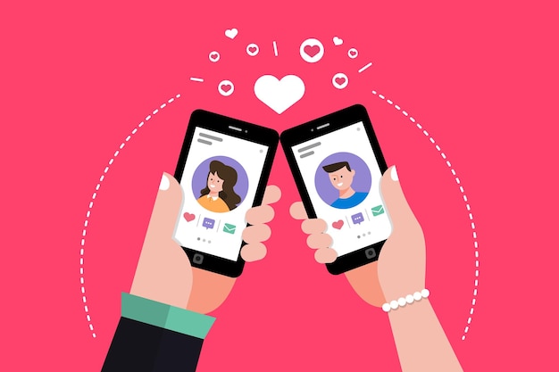 Vektor moderne illustrationen concpt dating online-anwendung über hand hold mobile chat