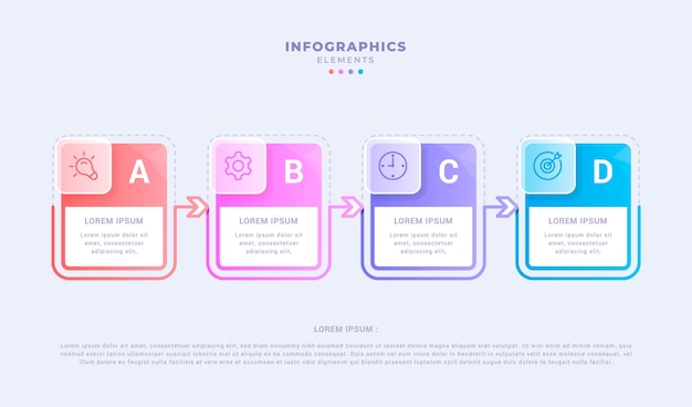 Moderne Infografik-Vorlage mit vier Schritten oder Option kreatives Konzeptdesign im Glasmorphismus-Stil