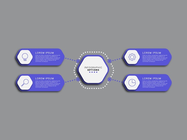 Moderne infografik-vorlage mit vier violetten sechseckigen elementen auf grauem hintergrund