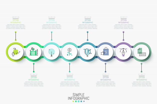 Moderne infographik entwurfsvorlage. bunte horizontale zeitachse mit 8 runden elementen, ikonen und textboxen.