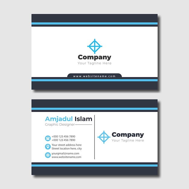 Moderne kreative weiße visitenkartenvorlage firmenvisitenkarte blau schwarz und weiß