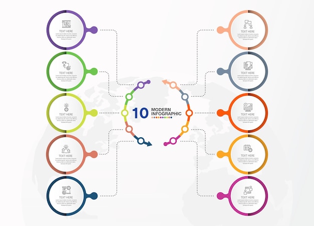 Vektor moderne kreis-infographik-vorlage mit 10 schritten und geschäfts-ikonen für die präsentation