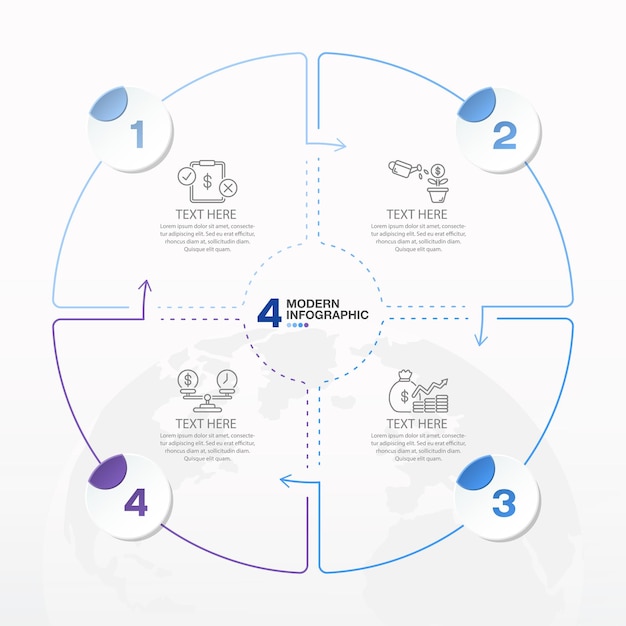 Moderne kreis-infographik-vorlage mit 4 schritten und geschäfts-ikonen für die präsentation