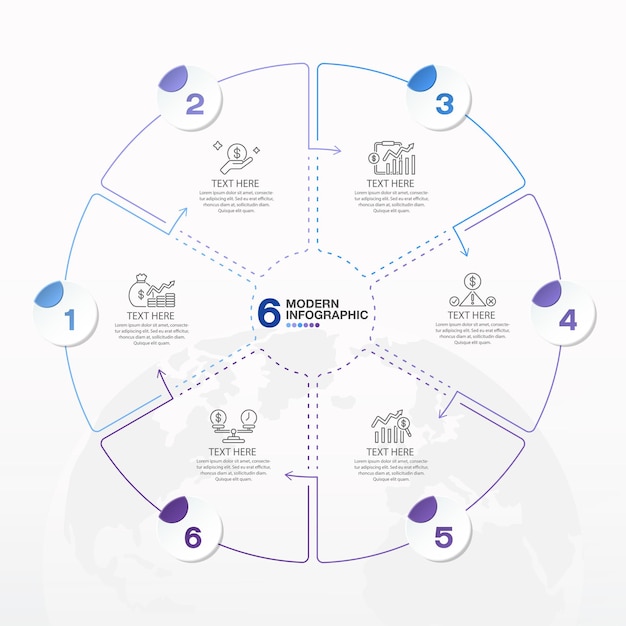 Vektor moderne kreis-infographik-vorlage mit 6 schritten und geschäfts-ikonen für die präsentation