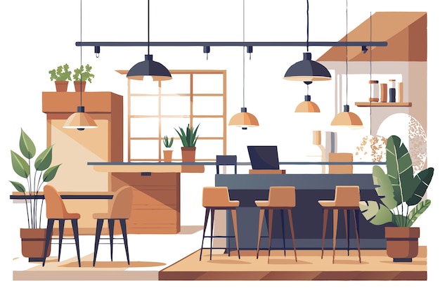 Moderne Küchenillustration mit Holzinsel und Pendellampen