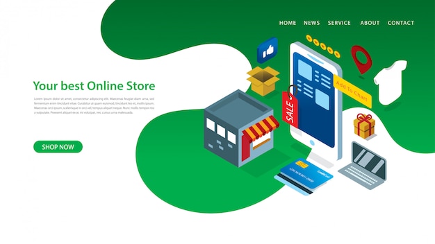 Moderne landingpage-design-vorlage mit vektor-illustration des online-shops mit einigen elementen