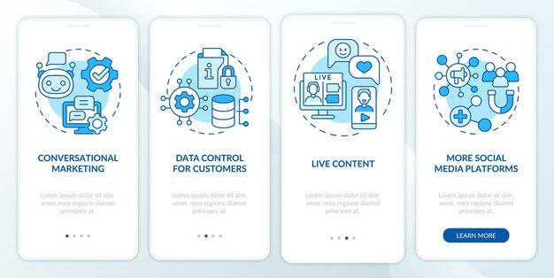 Moderne marketingtrends blauer onboarding-bildschirm für mobile apps