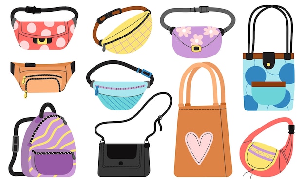 Moderne mode, lustige tasche, damenhandtasche, damenhandtasche und rucksack, hüfttaschen für mädchen, stilvolle accessoires, modell, anständige vektor-trendelemente, illustration einer weiblichen handtasche und geldbörse