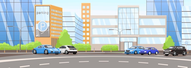 Moderne Parkplätze Stadtpanorama Seitenparking mit Zement Fahrbahnverkehrszone Leere Verkehrsinfrastruktur für Fahrzeuge Fahrplatz in der Stadt Leere Betonschlüsse Vektorillustration